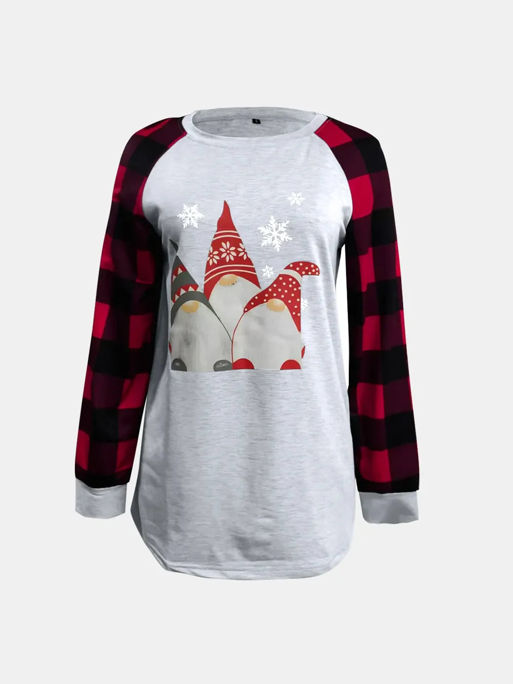 Light gray raglan tee with gnome graphic and red buffalo plaid sleeves.