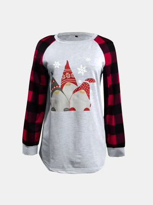 Light gray raglan tee with gnome graphic and red buffalo plaid sleeves.