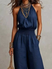 Elegant Halter Neck Wide-leg Jumpsuit in Black with pocketed