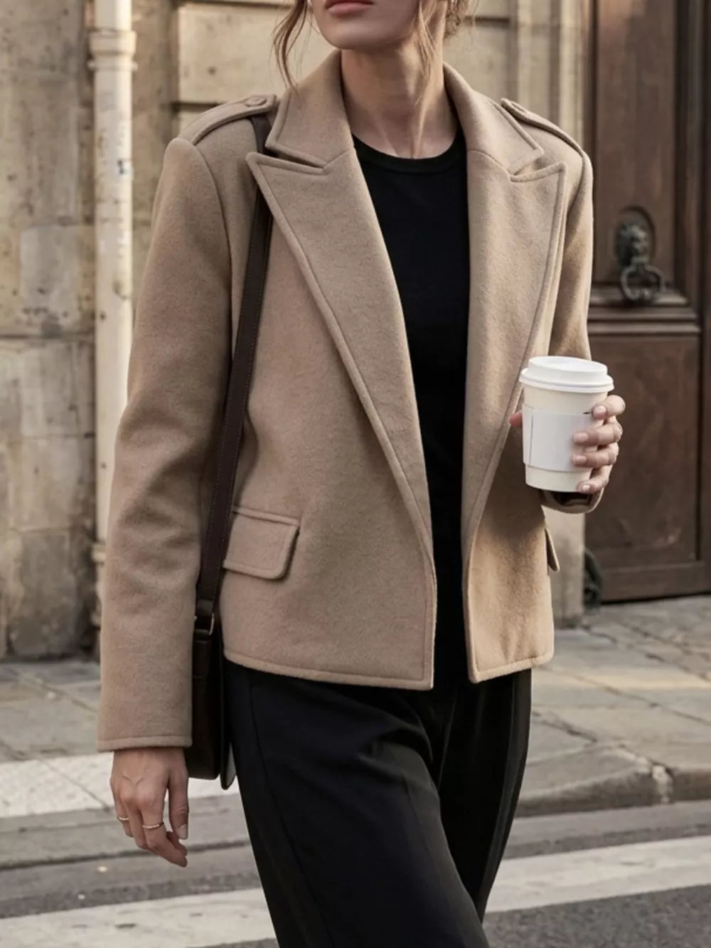 blazer in camel featuring pocketed and boxy fit