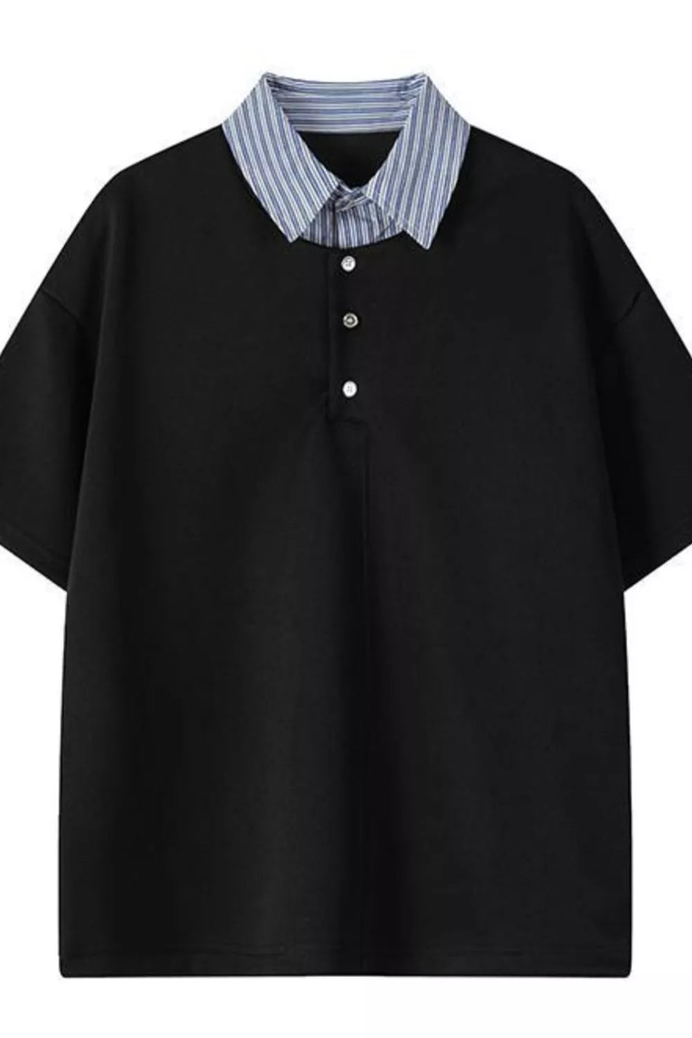 Black relaxed fit polo with button placket and blue striped collar.