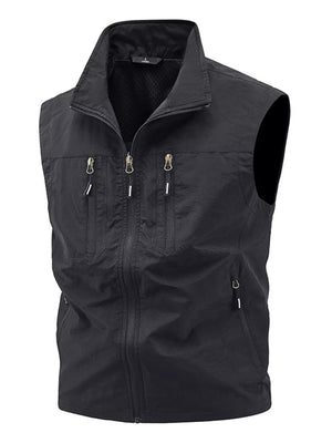 Black men's multi-pocket outdoor vest with zipper closure and stand-up collar.