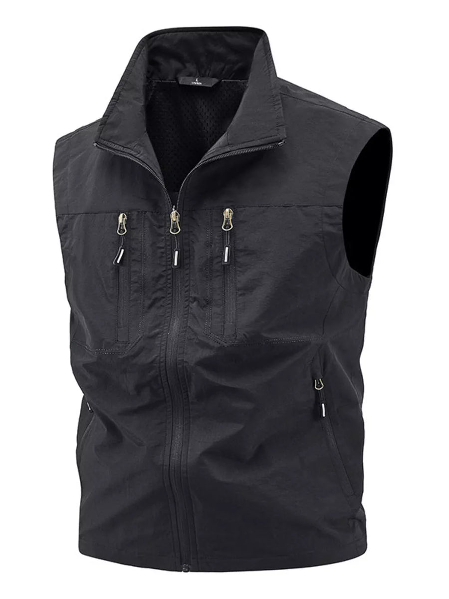 Black men's multi-pocket outdoor vest with zipper closure and stand-up collar.
