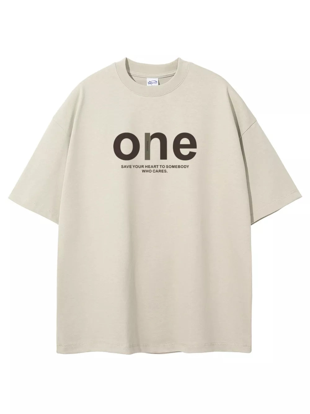 Beige cotton crew neck t-shirt with oversized fit and "one" graphic print.