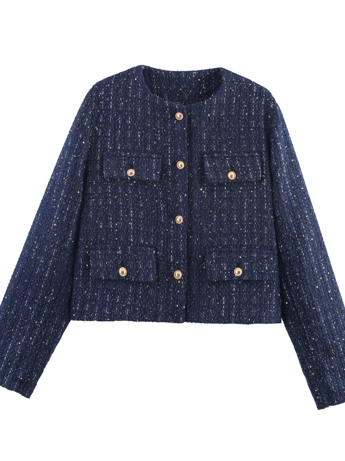 Dark blue cropped tweed button-up jacket with gold buttons and chest pockets.