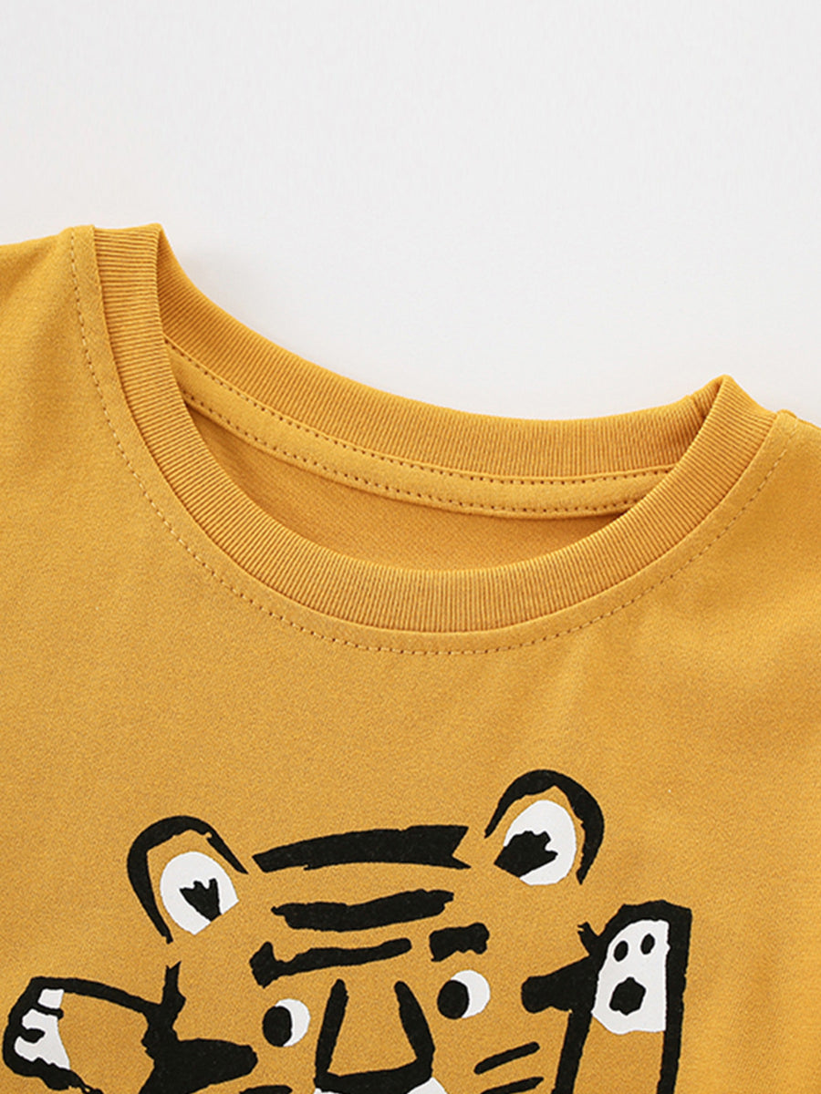 Toddler yellow cotton crew neck t-shirt with a black and white tiger graphic.