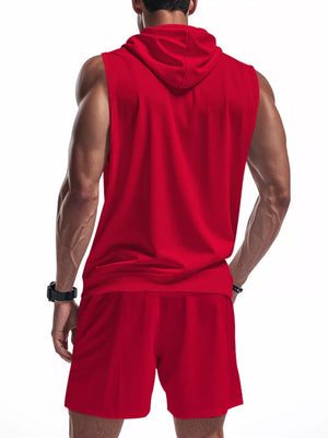 Red sleeveless hoodie and matching shorts for men, comfortable athletic wear.