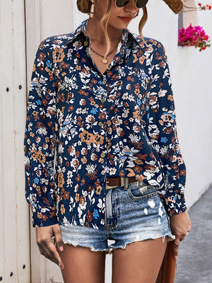 Tan button-down shirt with hip-length and button-front