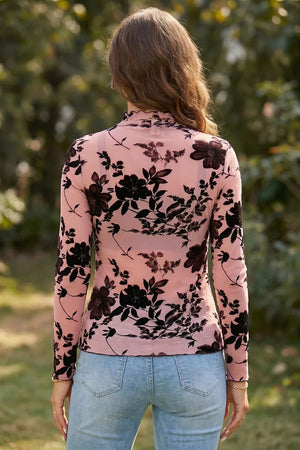 Floral Print Mesh Long Sleeve Blouse in Dusty Pink