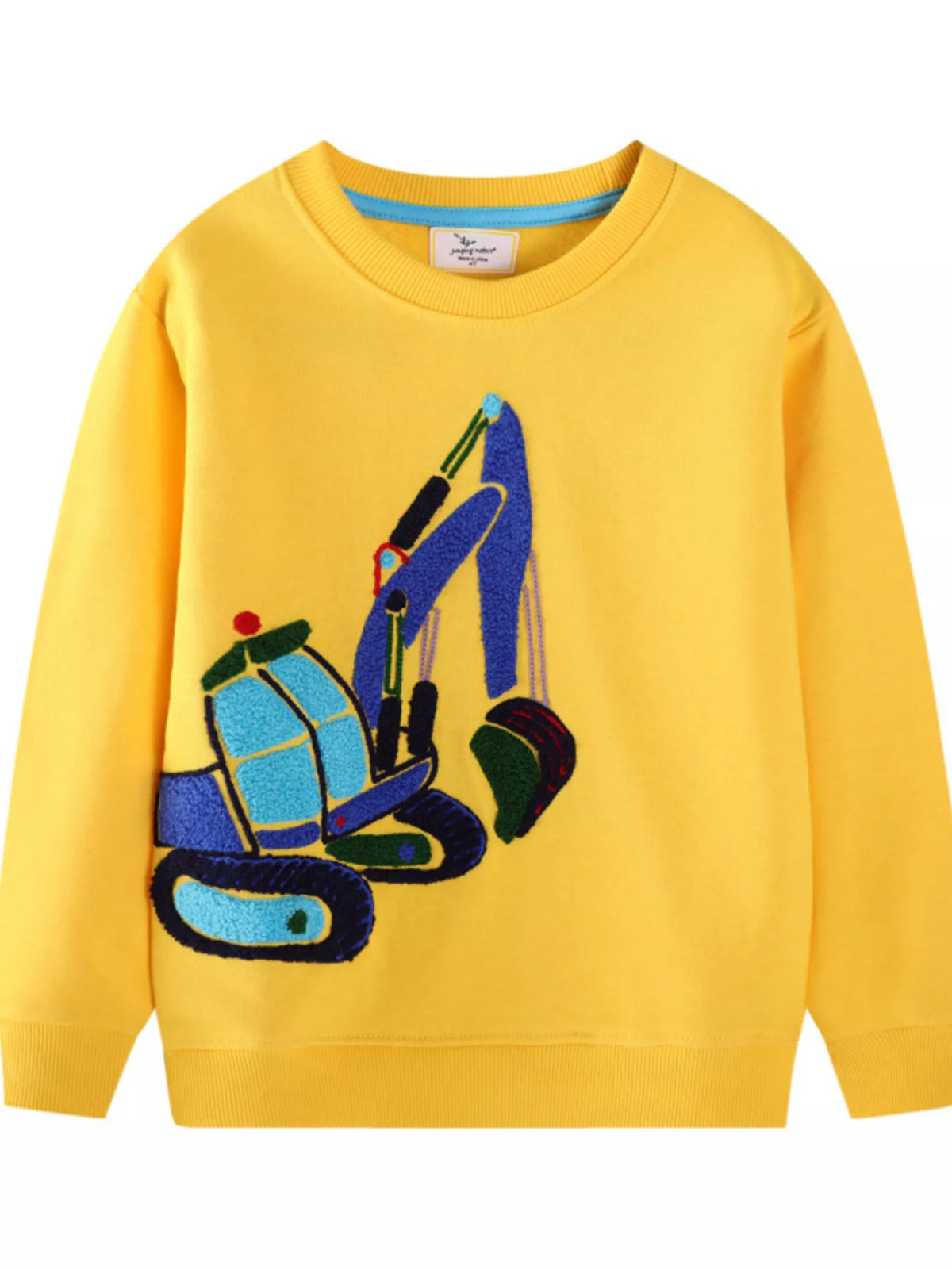 Yellow cotton blend sweatshirt with embroidered blue excavator detail