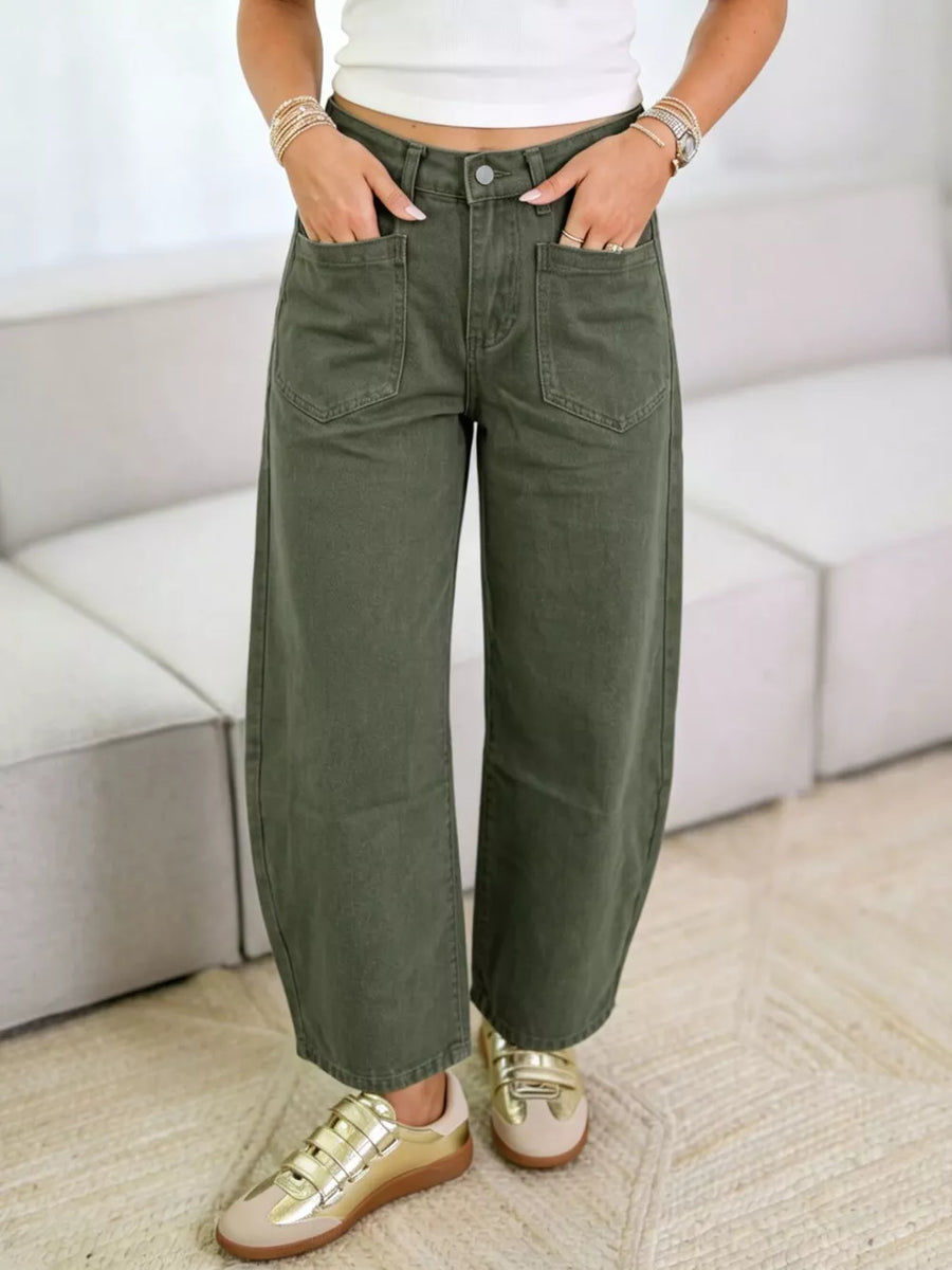 wide-leg jeans in Army Green with patch pockets and ankle-length