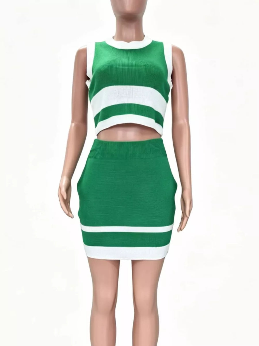 Green and white striped knit two-piece set with a sleeveless crop top and mini skirt.