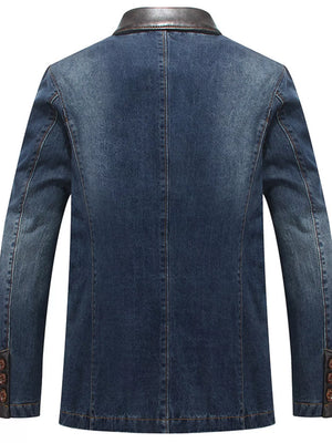 Men's denim blazer in Denim Blue with a faux leather collar and button cuffs.