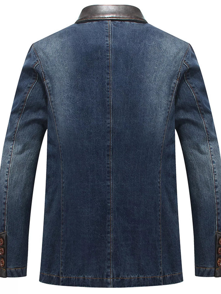 Men's denim blazer in Denim Blue with a faux leather collar and button cuffs.