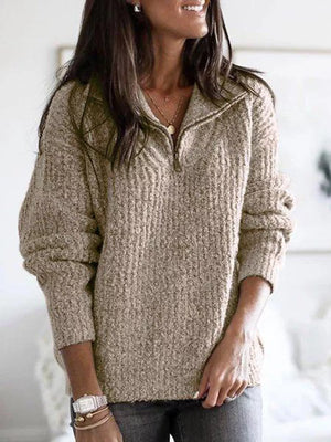 light gray relaxed zip-up sweater with collared