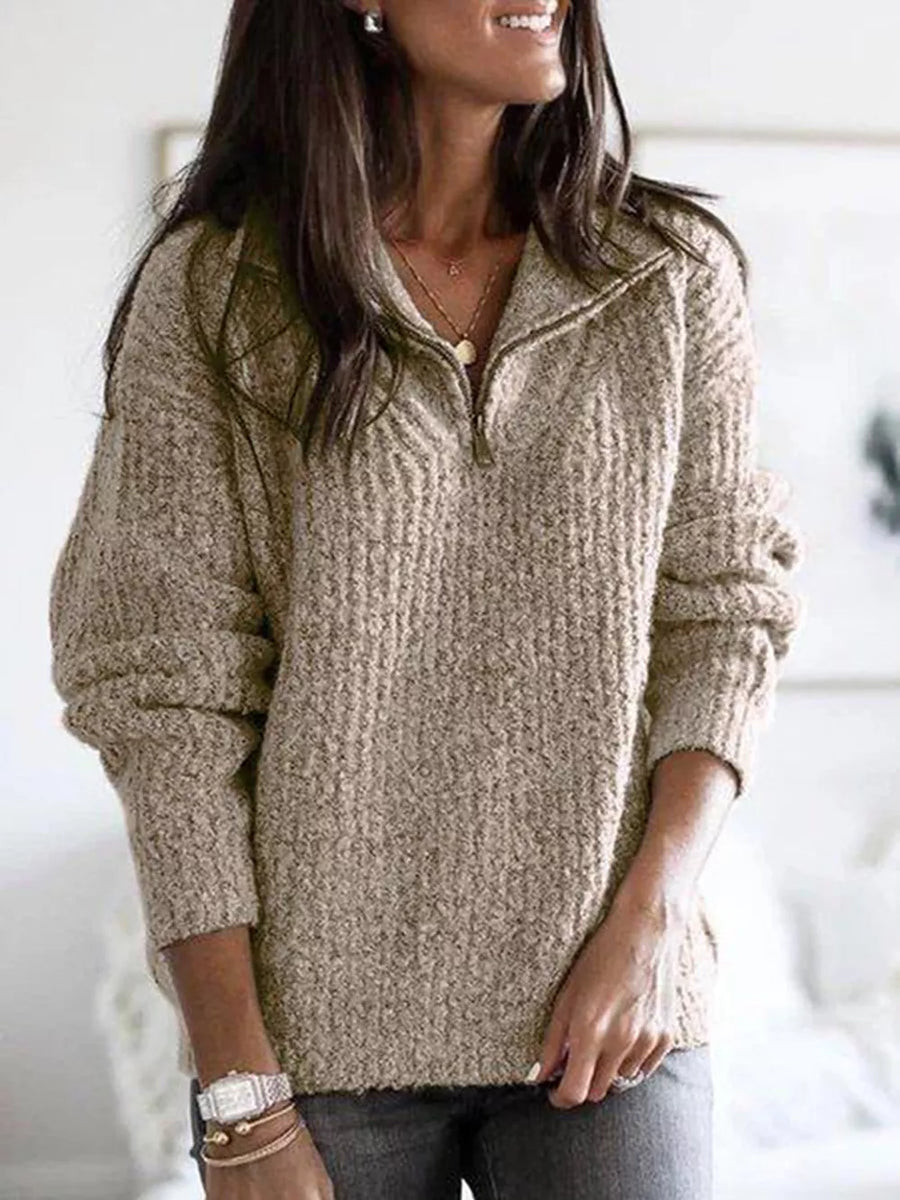 light gray relaxed zip-up sweater with collared