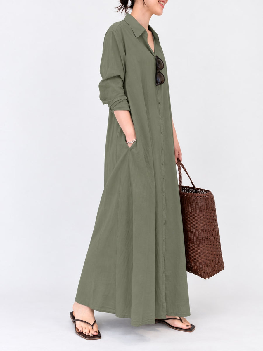 Button Front Long Sleeve Maxi Shirt Dress Plus Size in Wine Red with pocketed
