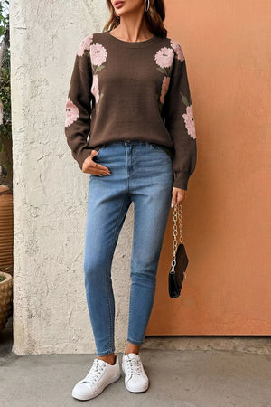 Dark Brown with Floral Print Drop Shoulder Relaxed Sweater in Dark Brown