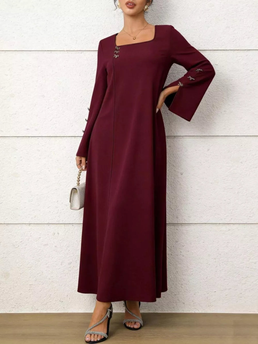 Maroon maxi dress with square neck, flare sleeves, and decorative buttons.
