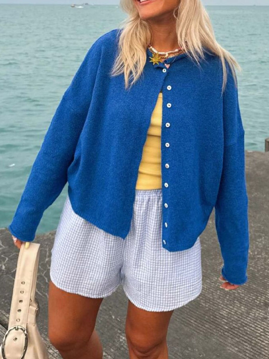 Relaxed Button-Down Dropped Shoulder Cardigan in Pink