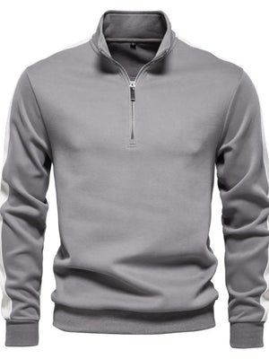 Gray quarter-zip sweatshirt with white side panel detail and a stand-up collar.