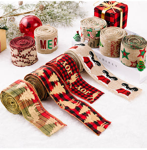 Festive holiday ribbons in red plaid with trees, beige with Santa, and burlap with Merry Christmas text.