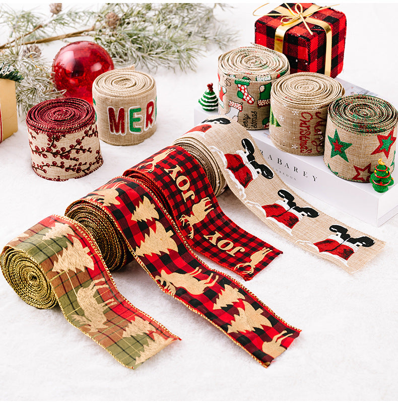 Festive holiday ribbons in red plaid with trees, beige with Santa, and burlap with Merry Christmas text.