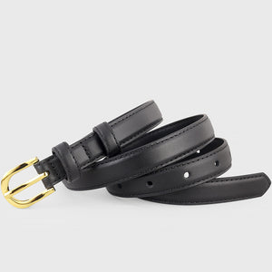 Black leather belt with golden buckle and stitching detail