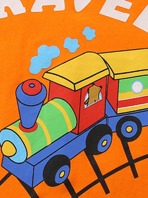 Orange cotton toddler boys' underwear with a colorful train graphic and "TRAVEL" text.