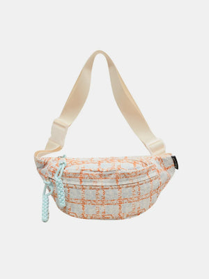 Textured tweed belt bag in pink with braided pulls and cream strap