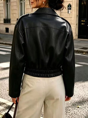 Black moto jacket with waist-length and zip-front