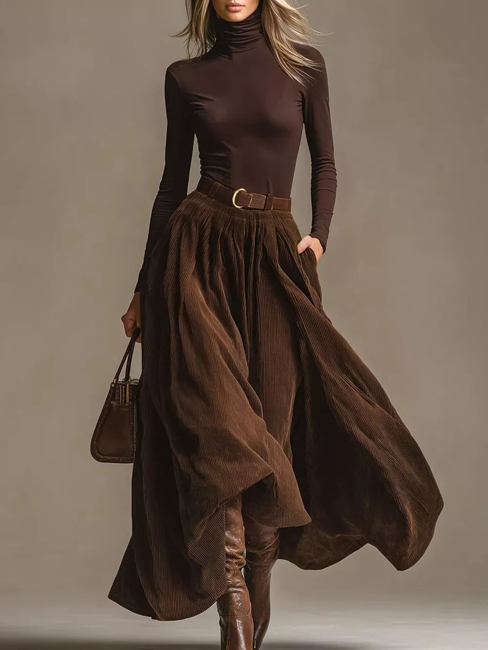 chocolate brown two-piece set with ribbed and turtleneck