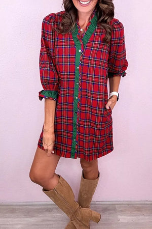 Plaid Ruffle Cuff Button Front Mini Dress option 9