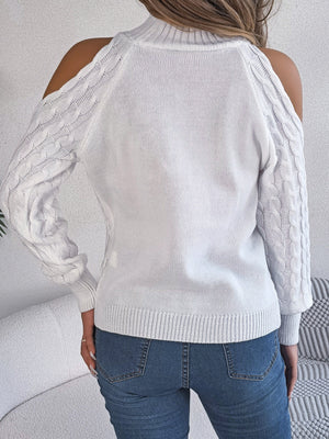 Turtleneck Cold-Shoulder Cable Knit Sweater in Orange with cable-knit