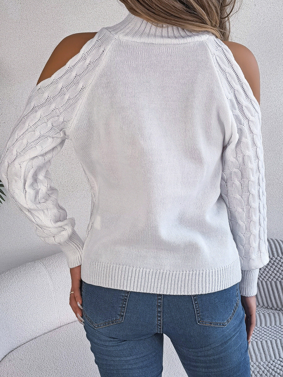 Turtleneck Cold-Shoulder Cable Knit Sweater in Orange with cable-knit