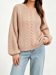 blush pink pullover sweater with cable knit and round neck