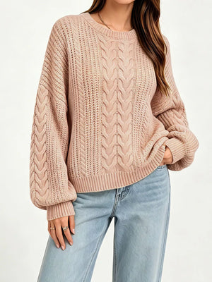blush pink pullover sweater with cable knit and round neck