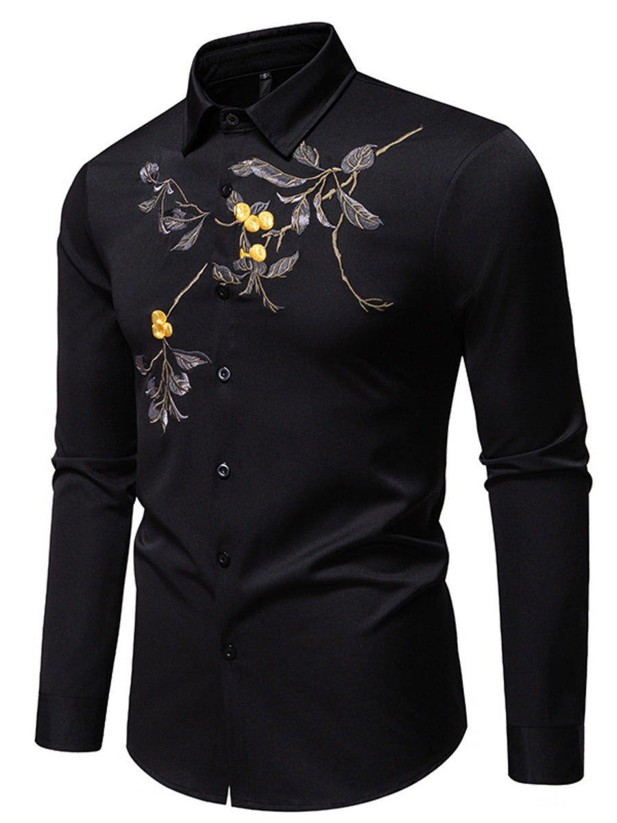 Black cotton button-down shirt with embroidered floral detail on chest.