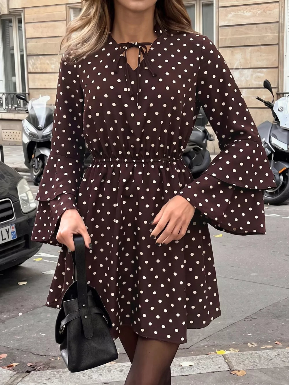 Coffee Brown Polka Dot Flare Sleeve Tie Neck Dress