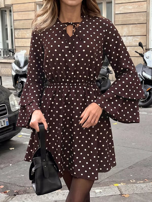Coffee Brown Polka Dot Flare Sleeve Tie Neck Dress