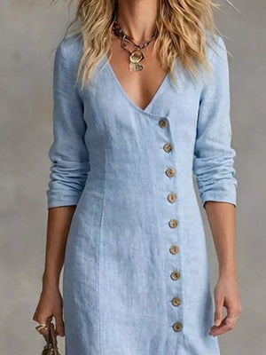 Light blue V-neck maxi dress with button-down front and long sleeves.