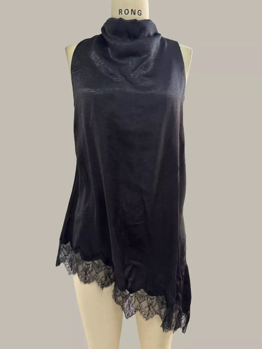 Black asymmetrical cami top with lace trim and mock neck.