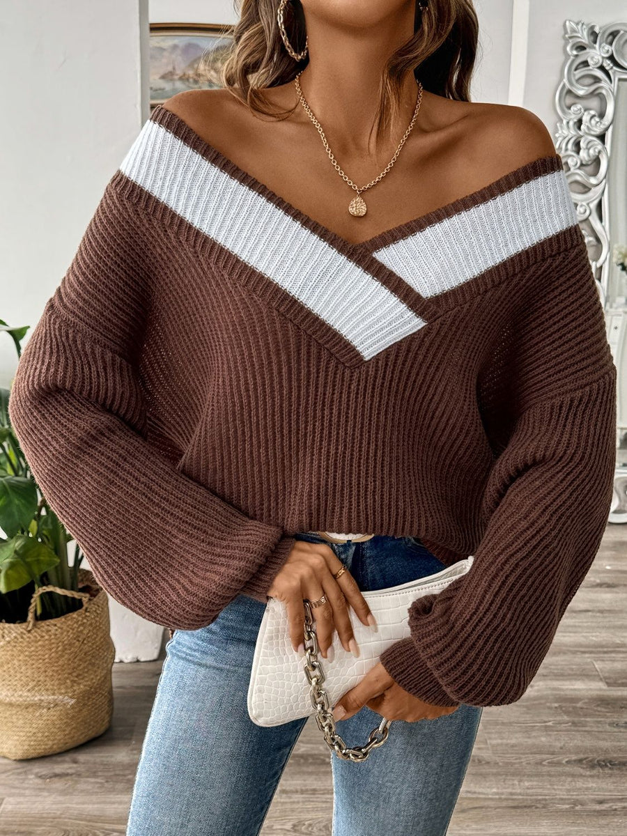 Chocolate off-shoulder knit sweater with contrast trim and V-neck.