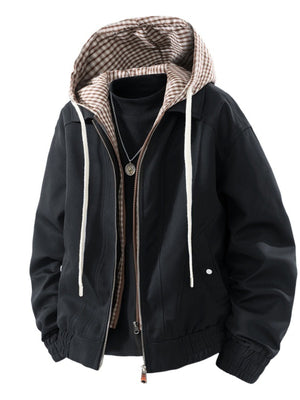 black bomber jacket with plaid and collared