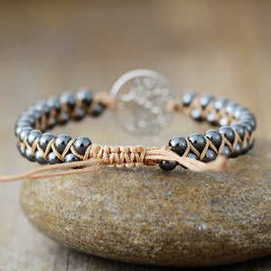 Braided bead bracelet with Tree of Life charm, silver tone alloy, boho style