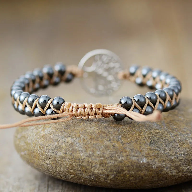 Braided bead bracelet with Tree of Life charm, silver tone alloy, boho style