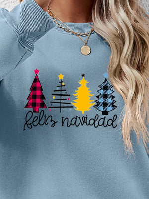 Feliz Navidad graphic crewneck sweatshirt in Misty Blue with festive Christmas trees.