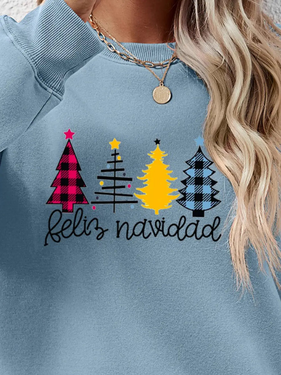 Feliz Navidad graphic crewneck sweatshirt in Misty Blue with festive Christmas trees.