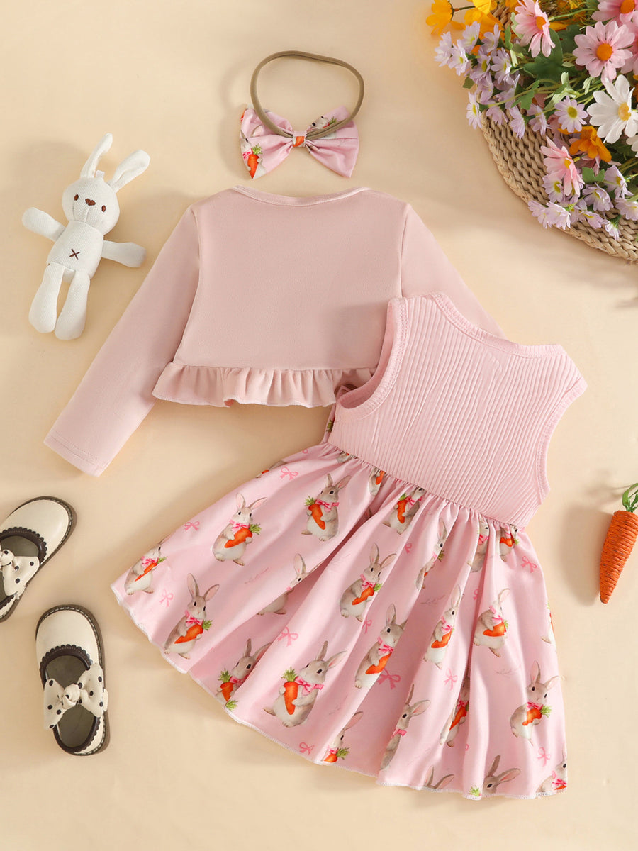 Pink baby dress with bunny print and ruffled cardigan, includes matching bow headband.