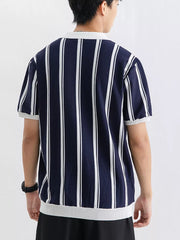 Dark Navy striped cotton quarter-zip polo shirt with white collar and hem